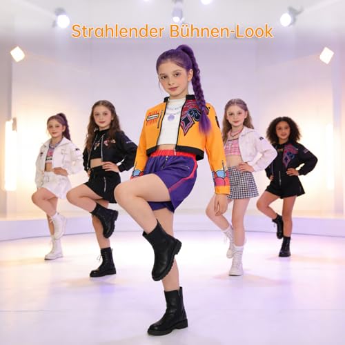 Oirigaga Korean Pop Idol Kostüm Kinder Mädchen, Huntrix Cosplay Set mit Jacke Tanktop Shorts, Anime Hunter-Stil Verkleidung für Karneval Fasching und Kinderrollenspiele Geburtstagsparty, 8-9 Jahre