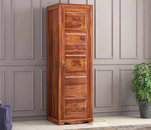 Image of Sheesham Wood Wooden Single Door Wardrobe Organizer for Clothes | - Solid Wood Almirah with 1 Drawers, 3 Shelves with Hanging Space - Cupboard for Large Bedroom (Design 25)