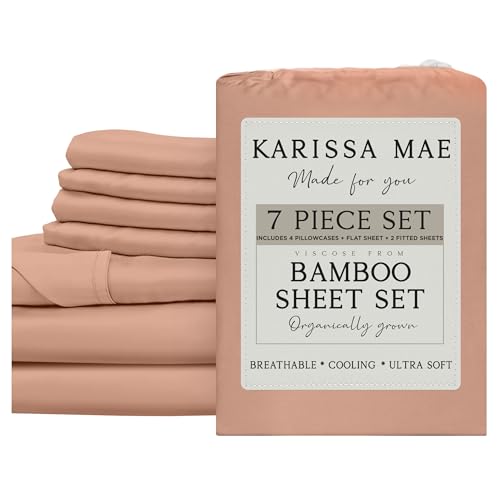 Image of KARISSA MAE 7 Piece Luxury Bamboo Viscose Split King Sheets, FSC Certified | Includes 2 Twin XL Fitted Sheets | Sleep Number & Adjustable Bed | Cooling | 18 inch Deep Pocket | 4 Pillowcases [Terracotta]