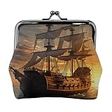Monedero pequeño con diseño de barco pirata de fantasía para mujer, cartera de cuero con cierre de beso, monedero, monedero, monedero, monedero, monedero, llavero