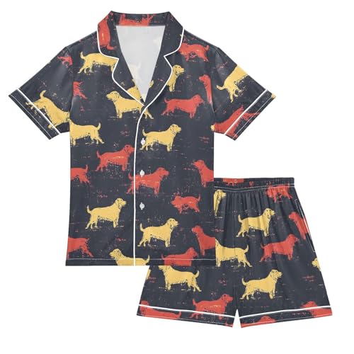 ALAZA Retro Puppy Dog Vintage Satin Pajamas Set Short Sleeve Button Down Sleepwear Summer Pjs 2 Piece