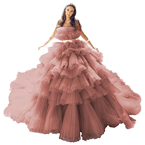 Sunnderly Puffy Ruffled Prom Dresses Long Strapless Formal Ball Gown Quinceanera Dress