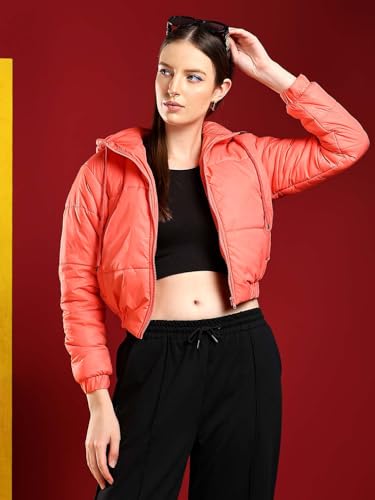 Image of KOTTY Women's Solid Full Sleeve Zipper Hooded Neck PuffercJacket