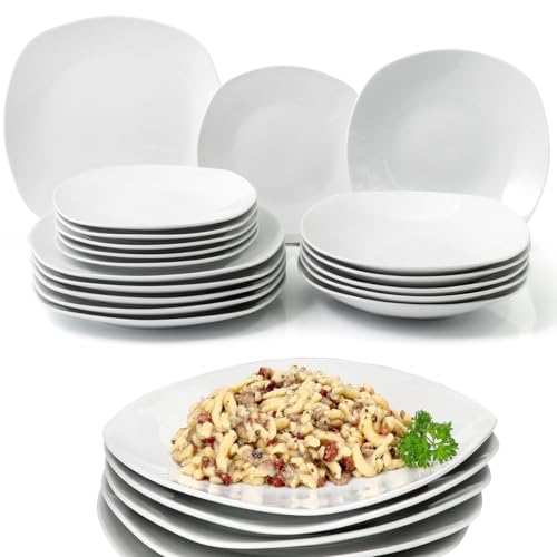 Shally Dogan Servicio de platos de servir de 18 piezas de porcelana de mesa para 6 personas, juego compuesto por 6 platos llanos, 6 hondos, 6 dulces y frutas, diseño moderno liso (blanco cuadrado)