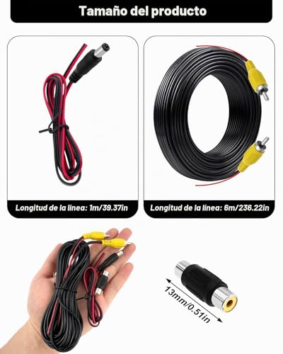 Miniatura 6 de 6m Cable Cámara Trasera Rca Coche Doble Blindado Mejorado Con Detección Alambre Plomo Para Conectar Monitor Y Cámara De Visión Trasera, Con Conector Hembra Hembra Y Cable De 1m Alimentación Dc
