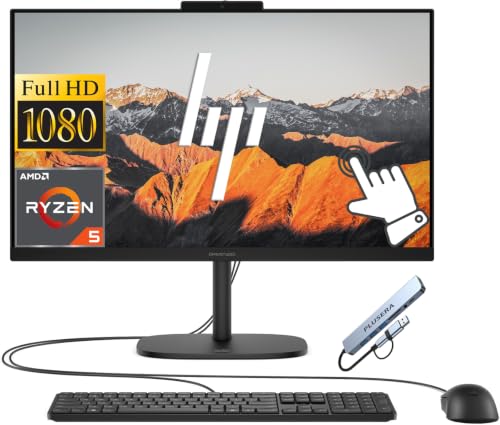 Image of HP OmniStudio 23.8 inch FHD Touchscreen All-in-One Desktop PC, AMD Ryzen 5 40 Processor, 16GB DDR5 RAM, 1TB PCIe SSD, Windows 11 Pro, Wired KB & Mouse, RJ-45, PLUSERA 8-in-1 Hub Included, Jet Black