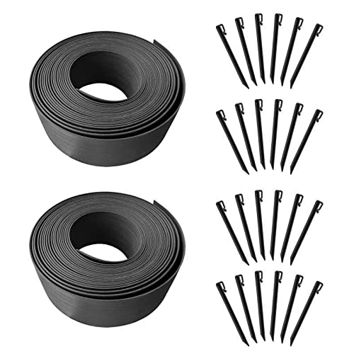 80FT Black Landscape Edging Coil Kit 4 Inch High,Terrace Board with 24pcs 10-inch Spikes