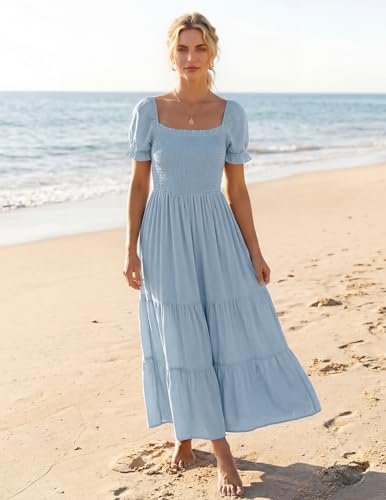 Image of ZESICA Women's 2026 Summer Boho Floral Print Dress Square Neck Ruffle Swing Beach Vacation Long Maxi Dresses