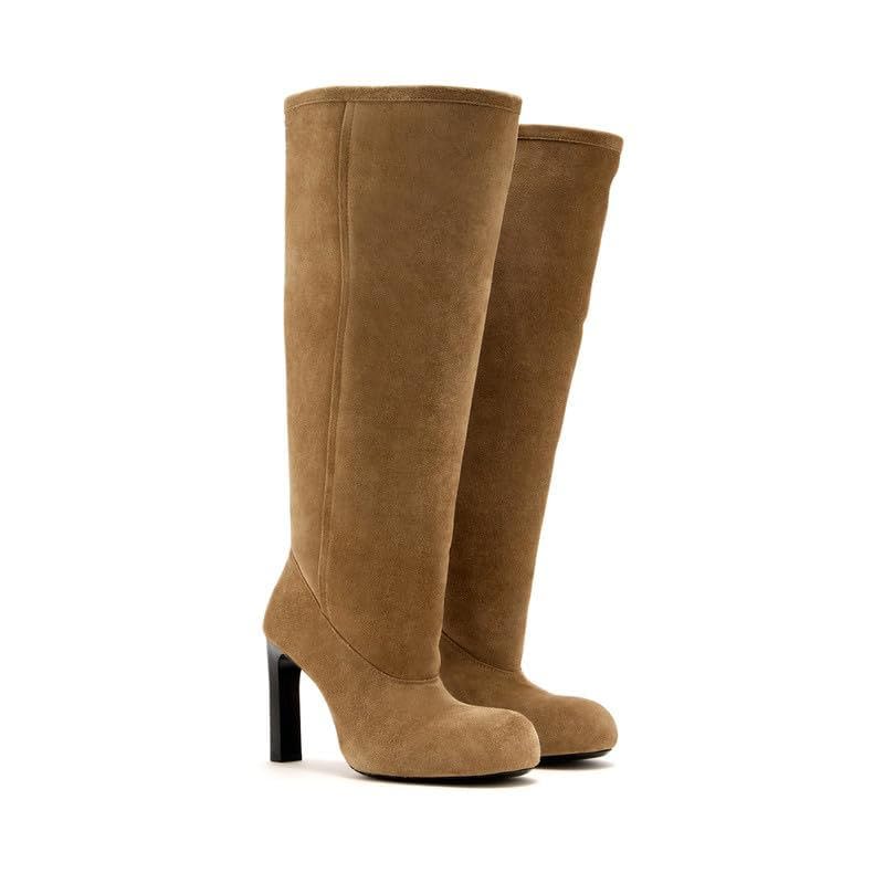 Suede Knee High Boots for Women Round Toe Wide Calf Furry Snow Platform Boots Stiletto High Heel Winter