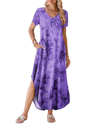 Image of BELAROI Plus Size Maxi Dress for Women Summer Casual V Neck Short Sleeve Long Dress with Pockets Beach Vacation Cover Up