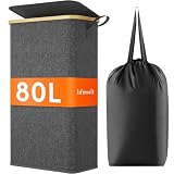 Lifewit 80L Wäschekorb Schmal mit Deckel, Faltbarer Wäschesammler Schmal mit Wäschesack, Laundry Basket Wäscheboxen aus Bambus mit Tragegriff für Apartment, Wohnheim und Wohnwagen, Dunkelgrau