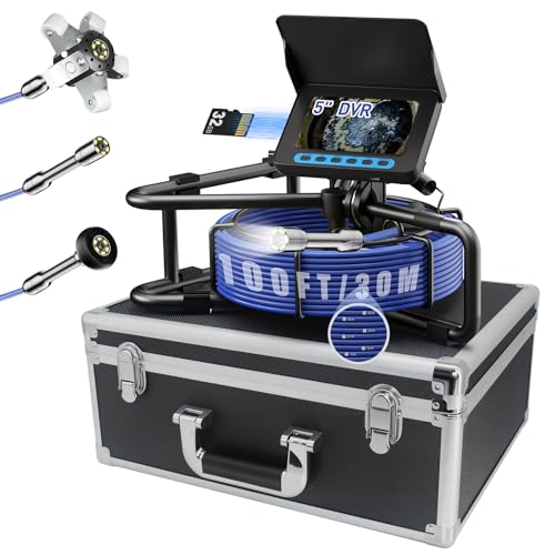 Cámara de Alcantarillado 100FT, 5'' HD1080P con DVR-32GB Cámara de Inspección de Drenaje 5000mAh
