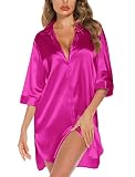 Leikar Silk Nightgown For Women 3/4 Sleeve Satin Nightgown Button Down Pajamas Dress Boyfriend Sleep