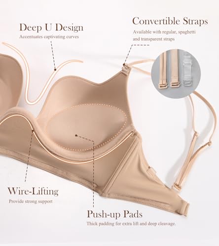 DotVol Women's Backless Multiway Convertible Low Cut Push Up Underwire Bra2