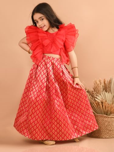 Image of Lilpicks Ruffle Sleeveless Blouse with Brocade Flared Lehenga Set for Girls (Pink)