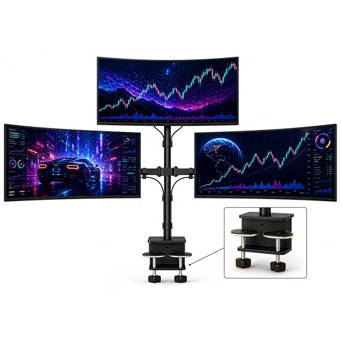 Image of BIJASANI Triple 3 Monitor Stand | 1 Top + 2 Bottom Arms | Large Dual C-Clamp | 810mm Single-Pole | 10 KG Per Arm | 10-32 inch | Tilt Swivel Rotation | 3 Year Warranty | Trading Gaming WFH
