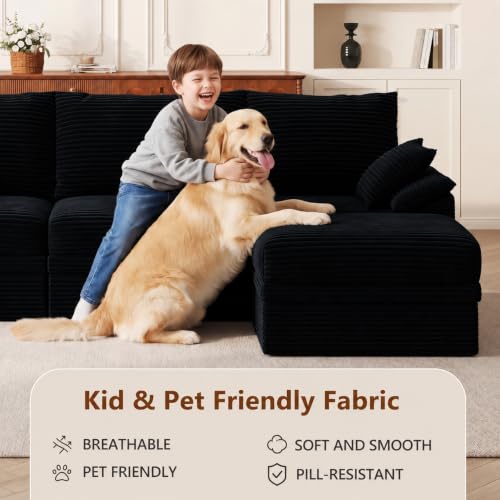 107" Modular Sectional Sofa Boneless Couch with Storage,L-Shape 3 Seat Comfy Modern Cloud Couch Sofa with Ottoman, 27" Deep Seat Corduroy Sofa for Living Room, Tool-Free Assembly - Black - image 4