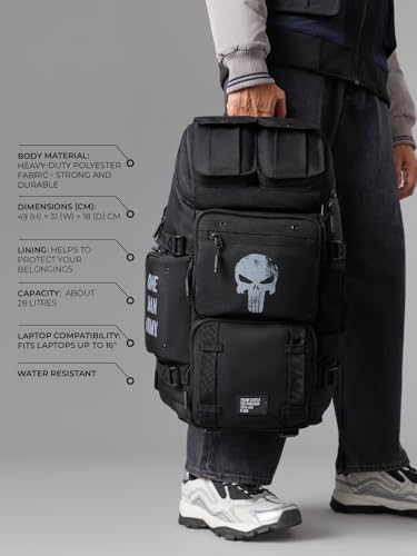 Image of The Souled Store Punisher: Utility Unisex Backpack | Durable Multi-Compartment Laptop Bag | Tactical Stealth Black Travel Rucksack for Men & Women | Water-Resistant College & Office Bag