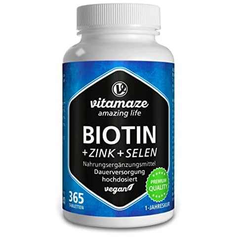 Biotin hochdosiert 10.000 mcg + Selen + Zink für Haarwuchs, Haut & Nägel, 365 vegane Tabletten für 1 Jahr, Nahrungsergänzung ohne Zusatzstoffe, Made in Germany Cover