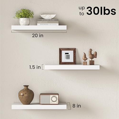 Image of Fun Memories 20Inch Floating Shelves for Wall, 8 Inch Deep Shelves for Bathroom|Bedroom|Kitchen Wall Mounted, Wood Hanging Shelf with Invisible Brackets for Home Storage Decor, White - 2 Pack