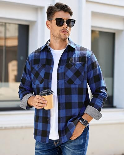 Image of WARHORSEE Flannel Shirt for Men Long Sleeve Button Down Plaid Shirts | Soft Cotton Blend for Multi-season Wear, Lightweight yet Warm, Dual buttoned storage pockets, Machine Washable Easy Care