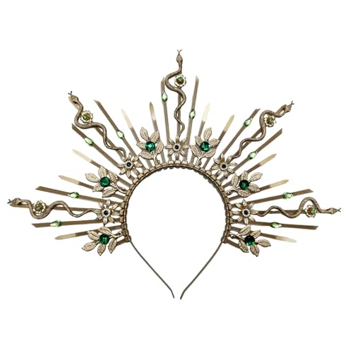 Sunburst Goddess Halo Crown Snake Headpiece Spiked Sun Headband with Green Crystal Gems Leaf for Women Renaissance Halloween Carnival Masquerade Cosplay Costume by HANSAMU - Used condition - US$18.99