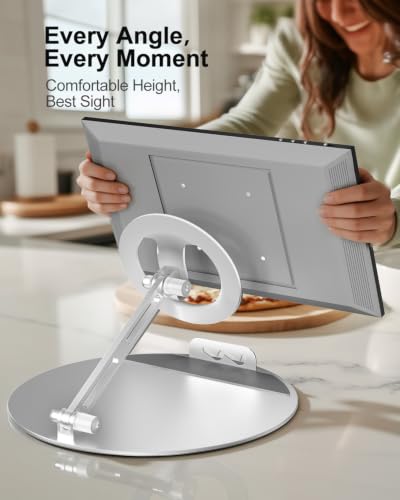 Image of WALI Echo Show 15 /21 Stand, Adjustable Stand for Echo Show 15 /21 and Up to 18 inch Tablets /Portable Monitors, 360 Degrees Rotating Tilt Foldable Show 15, 21 Accessories for Kitchen Home Office, Silver