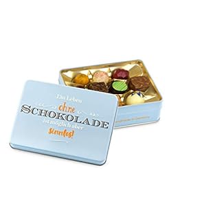 Presentatiedoos “Een leven zonder chocolade is mogelijk, maar zinloos” 125 g, fabriekskwaliteit!, handgemaakt door de banketers van de Confiserie Rabbel… voor een glimlach meer overdag