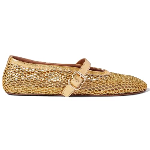 Women's Mesh Ballet Flats Buckle Strap Comfortable Ballerina Shoes Ladies Wide Width Casual Dress Mary Jane Flats 5 Gold