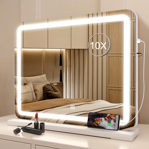 STARLEAD 19" x 14" Makeup Mirror with Lights and 10X Magnification, 3-Color Dimmable LED Lighting & Touch Control, USB Charging Port for Travel/Dressi
