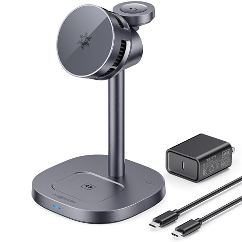 Augnner 3 in 1 ワイヤレス充電器 【Qi2認証 瞬間冷却】 MagSafe対応 TEC冷却ファン&15W急速充電 スマホ熱対策 置くだけ充電 iPhone 17/16/15/14/13/12/Apple Watch/AirPods対応(45W