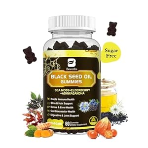 Black Seed Oil & Sea Moss Gummies, Organic Irish Sea Moss Gummies with Black Seed Oil, Ashwagandha Extract, Elderberry, Turmeric, Vitamin C Vitamin D3 – Immune Support, Joints, Digestion, Hair & Skin