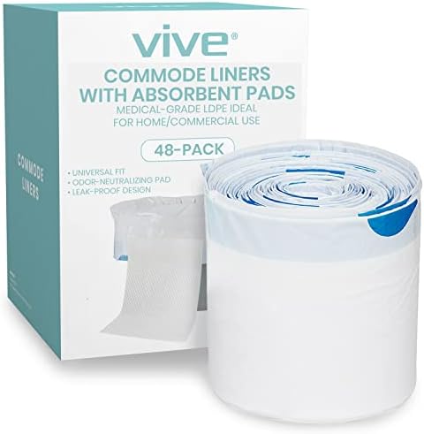 Vive Commode Liners with Absorbent Pads - Portable Toilet Bedside Chair Replacement Bags - Disposable Porta Potty Liners for Bariatric Standard Arm 3 in 1 Folding Buckets - Leakproof (48 Pack)