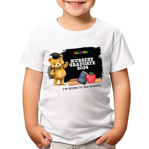 Personalised Nursery Graduation T-Shirt for Kids Add Name & Year Customisable Tee Raduation Gift Idea #TA-195 5-6 Years White