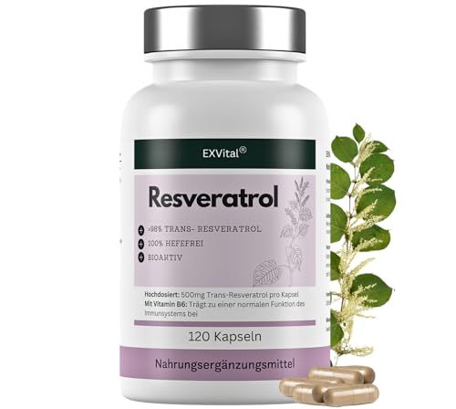 EXVital Resveratrol Kapseln 98% Trans-Resveratrol 500mg pro Kapsel 120 vegane Kapseln vegan & ohne Zusätze laborgeprüft