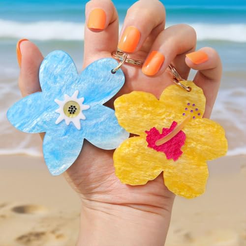 Tropical Hibiscus Flower Bird Butterfly Keychain Bag Charm Keychain Gold-Tone Clasp, 5.3 Inches