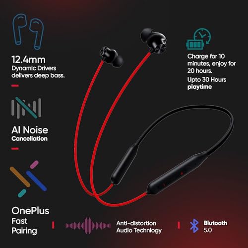 Image of One.Plus Compatible Bluetooth Wireless Neckband | 40H Playtime, Super Bass Audio, ENC Noise Reduction Mic, Dual Device Connect | Fast Charging Headset