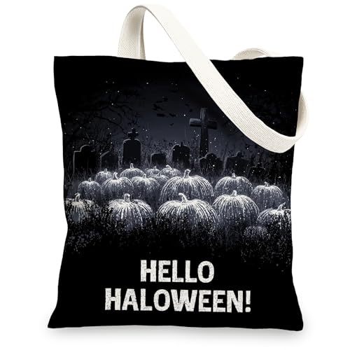 Bolsas de lona para Halloween, diseño de calabaza espeluznante, ligeras, lavables, para compras, viajes, playa, Negro -, 13x15 Inch