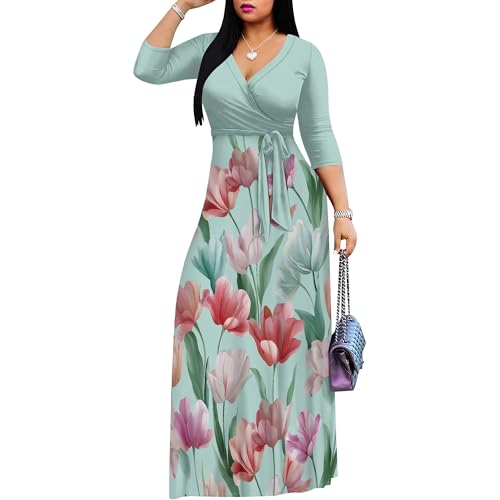 Image of PinkPatty Plus Size Maxi Dress for Women Casual V Neck 3 /4 Sleeve Boho Printed Long Dress with Pockets
