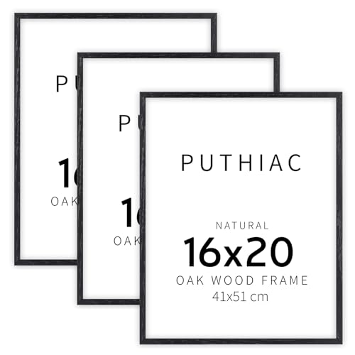 puthiac 16x20 Black Picture Frames for Wall - Minimalist 16x20 Oak Wood Frames, 16"x20" Picture Frame Wood, Natural Solid Wooden Picture Frames for Wall Art Photo and Prints (3 Pack, Black)