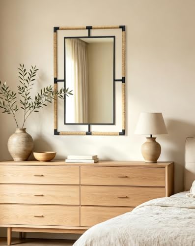 Image of Rectangular Mirror Farmhouse Rural: 35.4x23.6 inch Iron Rope Frame