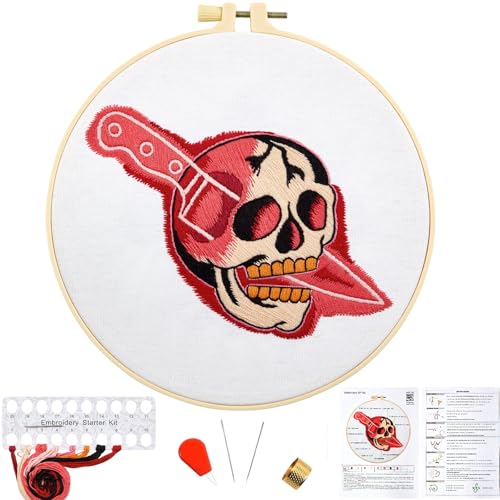 Image of Halloween Punk Embroidery Kits for Beginners Adults, Blood Skull Embroidery Starter Kits, Halloween Cross Stitch Kits for Beginners Adults Hobbies for Women, Embroidery Fabric, Hoop and Video Tutorial