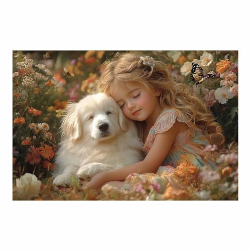 Affiche décoration chambre fille avec chien blanc champ de fleurs