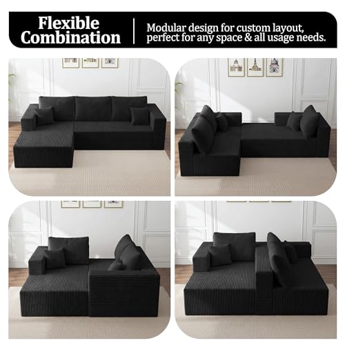 Image of 108 inch Modular Sectional Sofa, L-Shaped Cloud Couch with Deep Seats & Chaise, Convertible 4-in-1 Corduroy Boneless Couches for Living Room, Bedroom, No Need Assembly,Black(Right Facing Chaise)