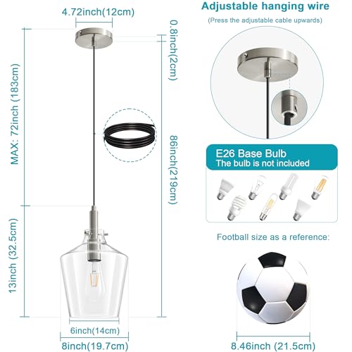 Image of Glass Pendant Lighting for Kitchen Island Foyer 2 Pack Nickel Clear 8 Inch | Adjustable cord Dimmable, E26 bulbs, Rust-resistant Damp Rated For Bathrooms, 5-Year Manufacturer Warranty, UL Certification