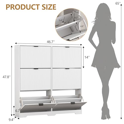 Image of HUANLEGO Shoe Cabinet Storage for Entryway with 6 Flip Drawers, White Fluted Shoe Cabinet with Adjustable Shelves, Wooden Hidden Shoe Rack Freestanding Narrow Slim Shoes Storage for Hallway, Entrance