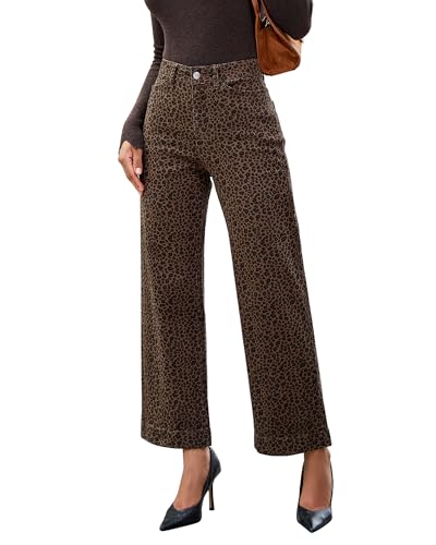 luvamia Wide Leg Jeans Woman Trendy High Waisted Leopard Cheetah Animal Print Pants for Women Ankle Length Stretchy Womens Jeans Trending 2025 Cowgirl Western Mini Brown Leopard Size Medium 8 to 10