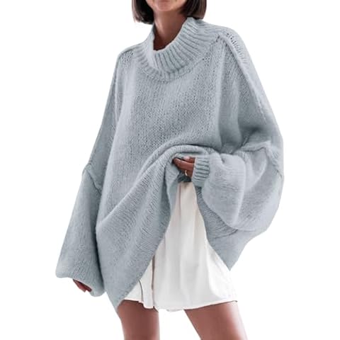Saodimallsu Womens Oversized Sweaters Mock Neck Batwing Long Sleeve 2024 Fall Trendy Ribbed Knit Casual Tunic Sweater Grey Cover