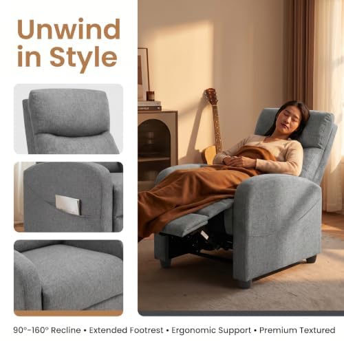 Image of Manual Recliner Chair, Oversized Lazy Boy Reclining Sofa with Adjustable Backrest & Extended Footrest, Ergonomic Single Recliner Couch for Home Theater Seating, Living Room, Bedroom, Gray