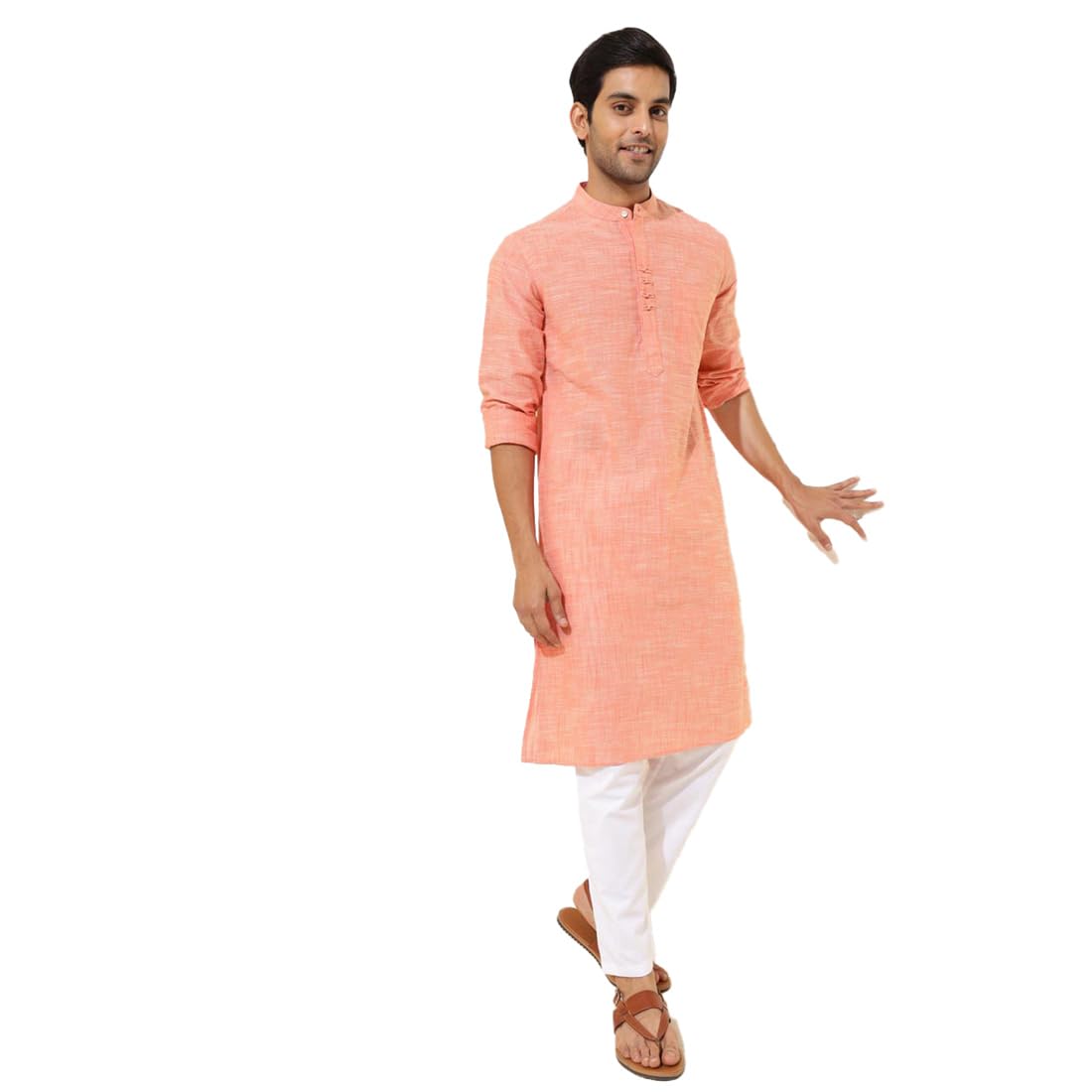 Fabindia Men's Cotton Woven Slim Long Kurta (1038412Coral_Coral